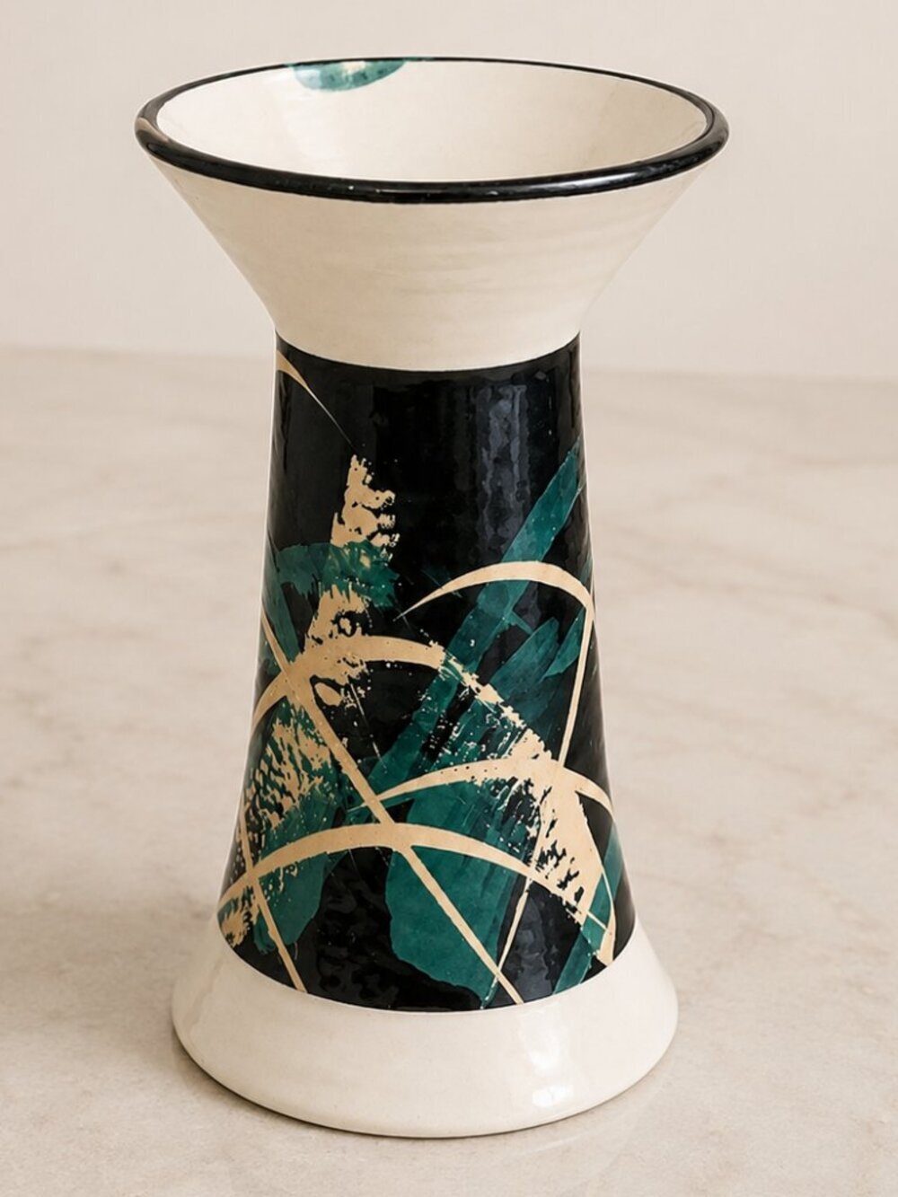 Signed Studio Art Pottery Vase Abstract Teal Black Cream Hand Thrown Ceramic 8"